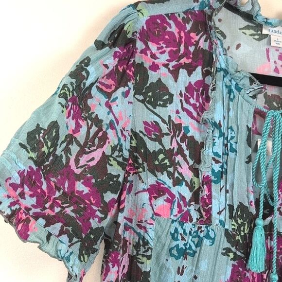 Sundance Catalog Provence Stroll Dress Turquoise Floral Boho Dress Size L - Picture 3 of 12